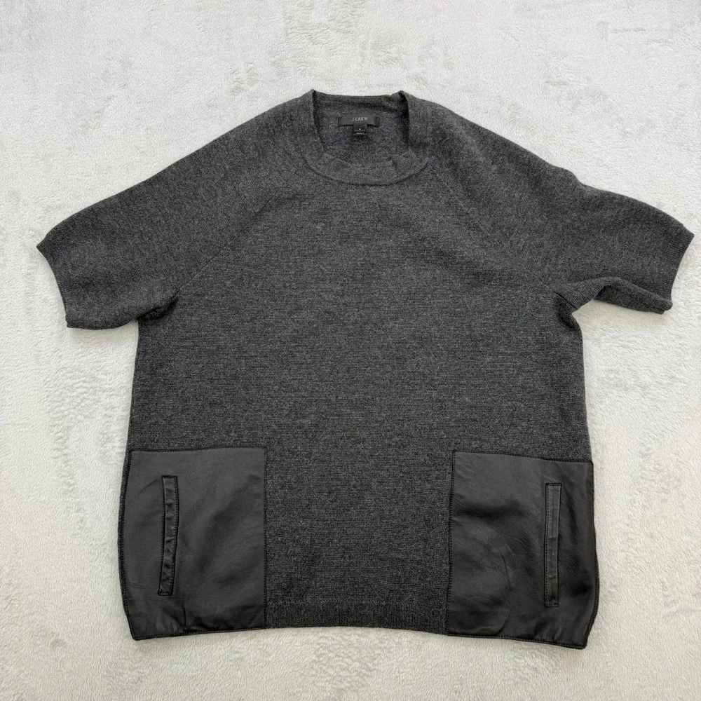 J Crew Sweater Womens Small Gray Merino Wool Short Sleeve Leather Pockets Preppy